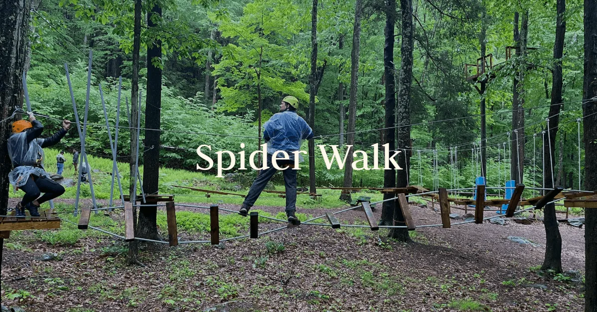 A guest balances across the low rope Spider Walk in the woods