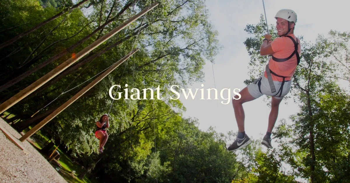 A guest in a harness swings high above the trees