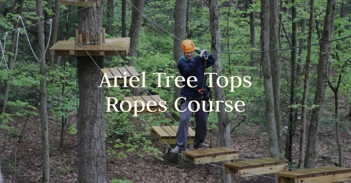 Wooden platforms and rope bridges of the treetop ropes course