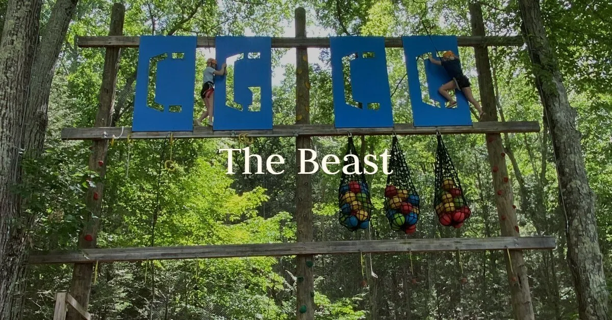 The tall wooden climbing structure called The Beast