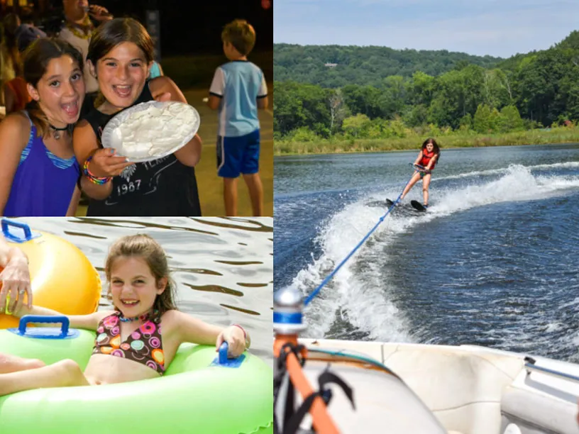 Collage of girls cheering with a pie, a girl floating on a tube and a water-skier on the lake
